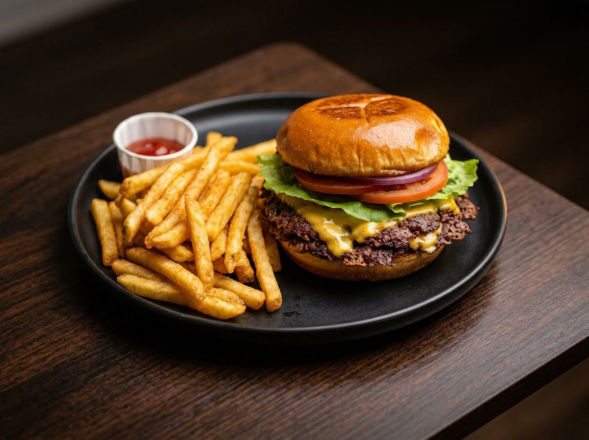 Grilled Burger w/ Fries plated example
